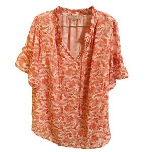 LOFT PLUS Womens Pink White Floral Tassel Top Blouse Size 14 Short‎ Sleeve Lined